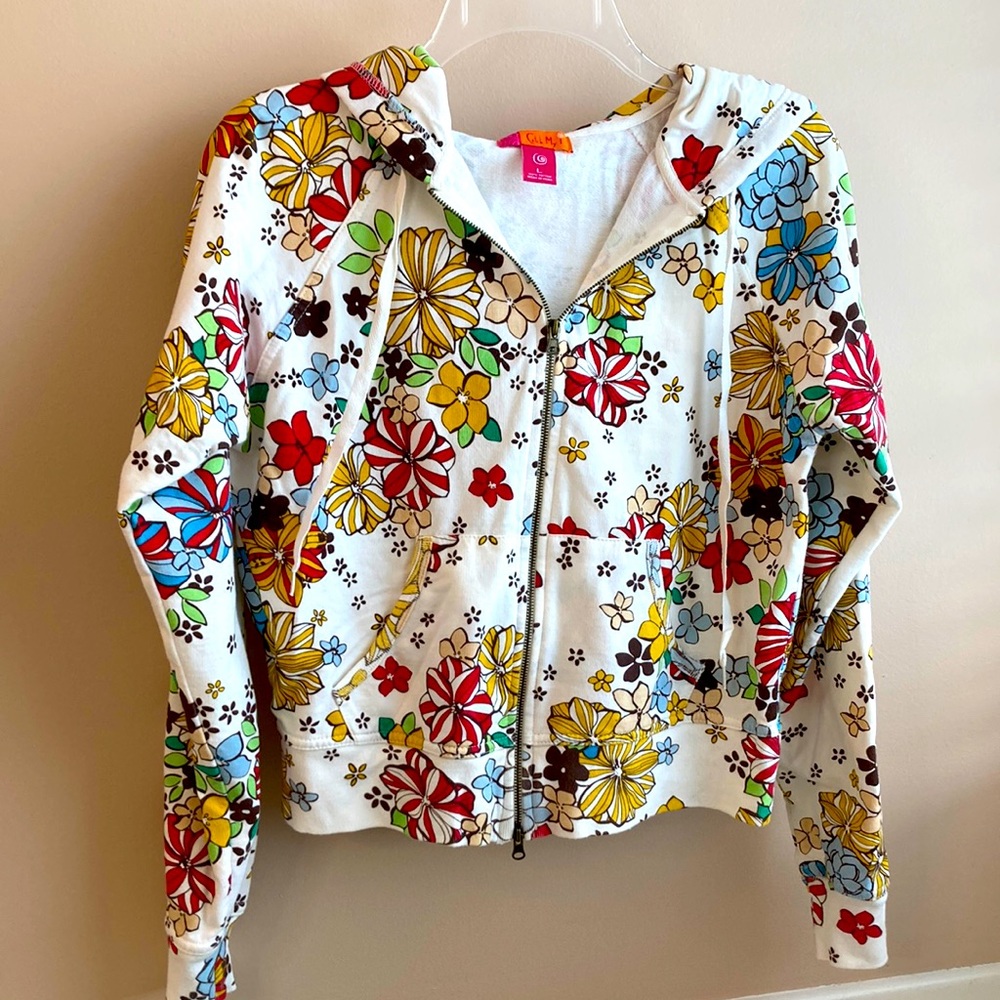 Catch My I Zippered Hoodie, White with Multicolored Flowers Youth/Juniors Size L